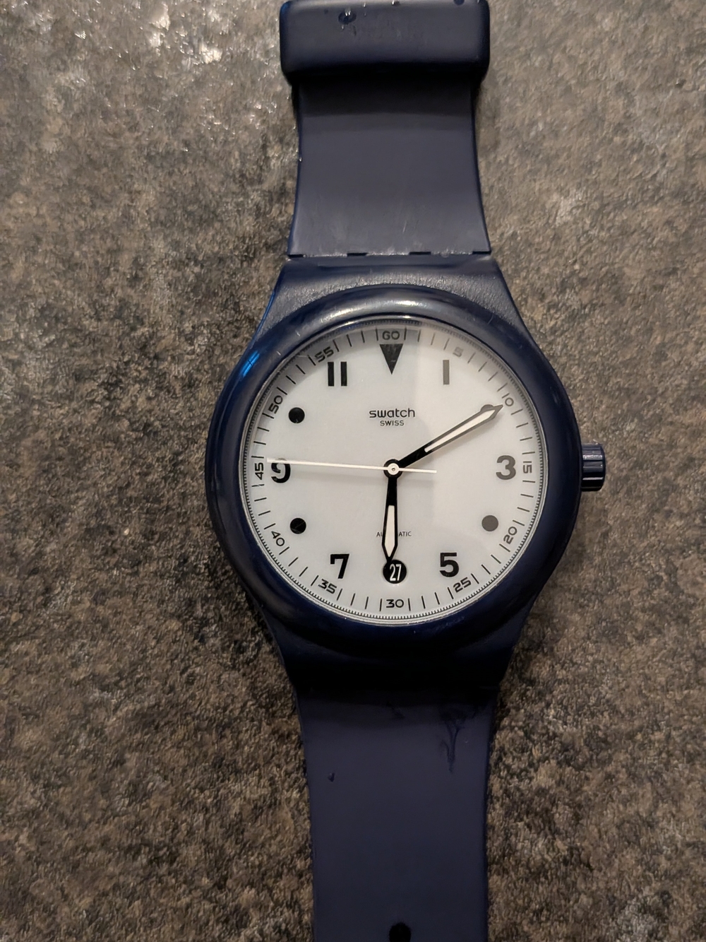 Swatch Navy Blue Silicone Strap Watch with White Dial